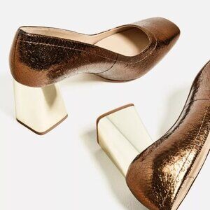 Zara Bronze Metallic Block Heel Pumps Square Toe